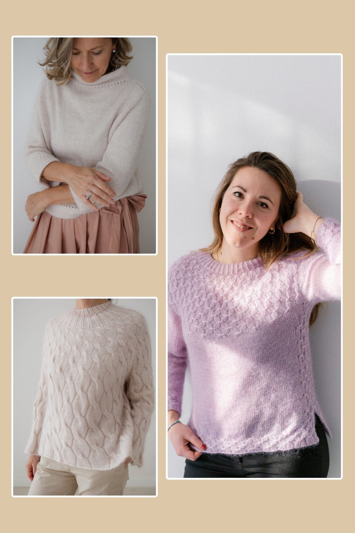 Collage dei tre maglioni Anna, London e Smoke inclusi nel pacchetto di schemi PDF in italiano